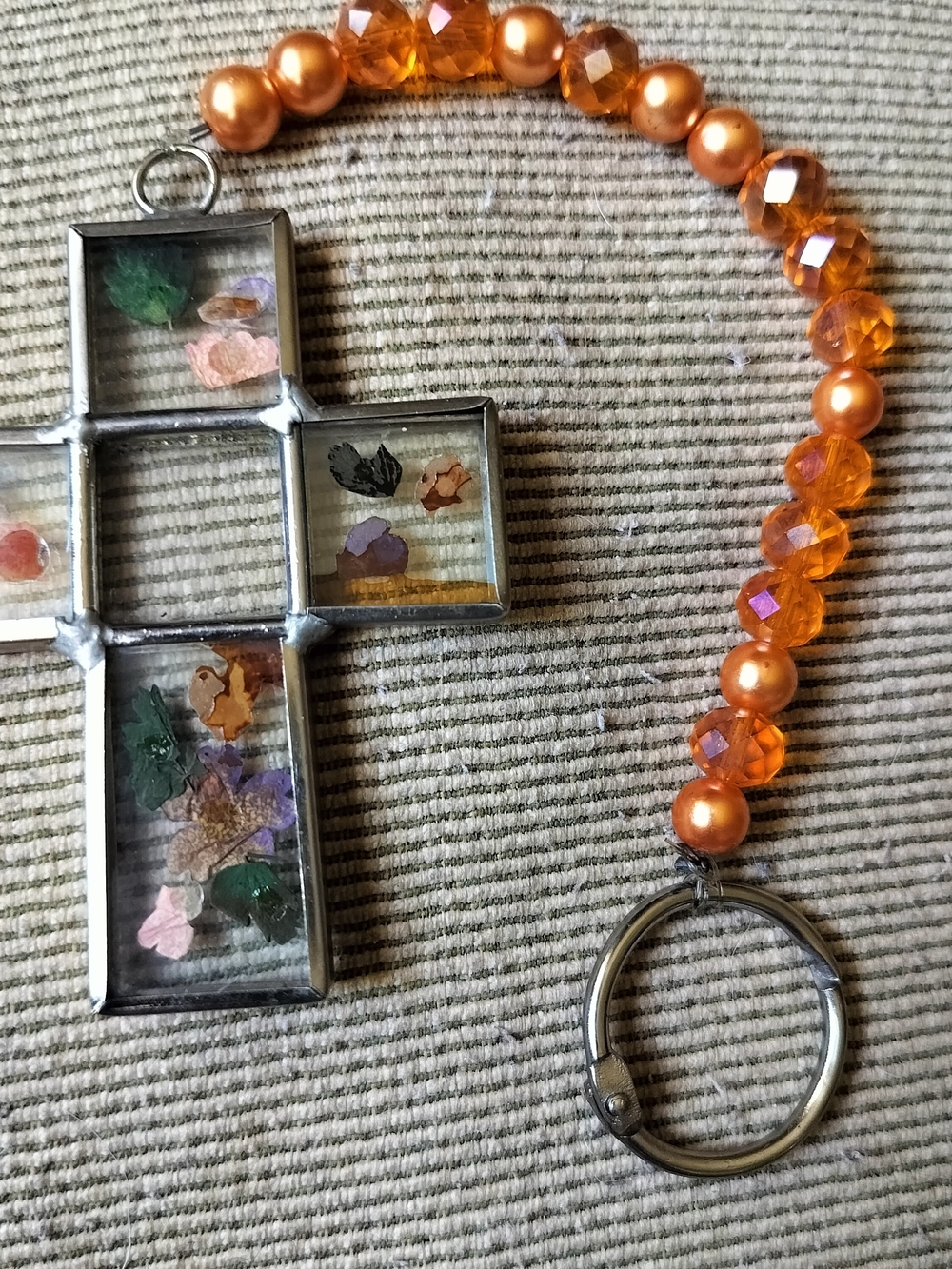 Handmade Amber Beaded Cross Keychain/Bag Charm/Rear Mirror Orn.